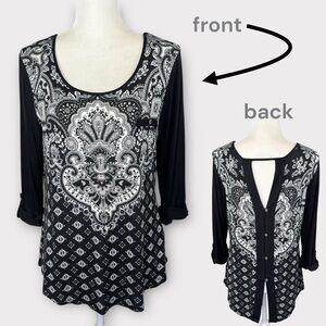 Maurices black & white tunic top L bandana print fancy keyhole button back chic